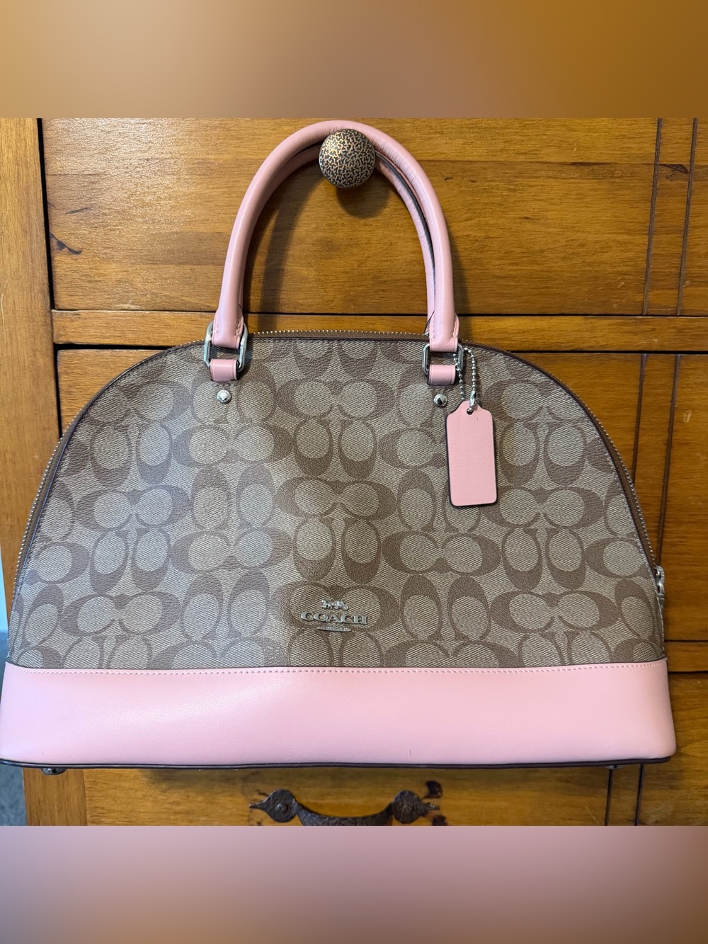 Coach Sierra Pink Trim Brown Signature Dome Satchel